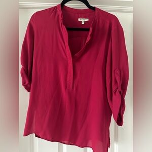Pink Roll-Sleeve V-Neck Blouse
